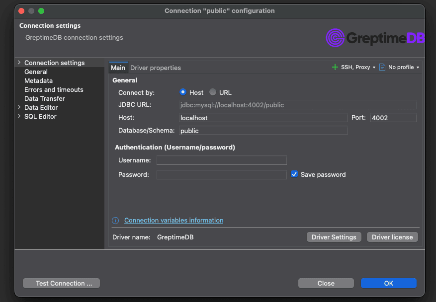GreptimeDB connection settings in DBeaver